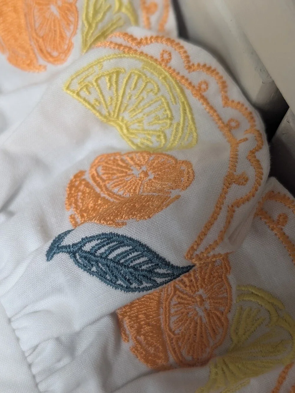 Vintage square accent pillow cover ruffled embroidered citrus lemons oranges